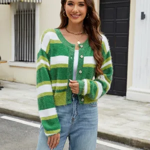 Gilet en tricot duveteux à rayures vertes et blanches manteau pull col rond décontracté haut femme