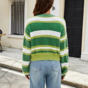 Femme cardigan court en tricot rayé duveteux pull col rond manches longues haut casual