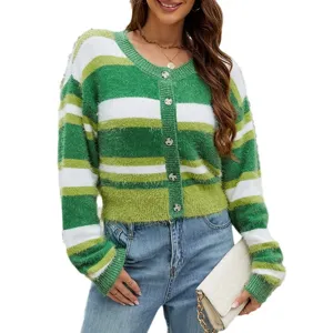 Gilet en maille duveteuse et rayee pour femme, pull cardigan decontracte a manches.