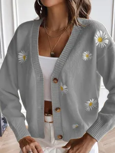 Women Grey V-Neck Daisy Embroidered Knit Cardigan Sweater Autumn Long Sleeve Outerwear