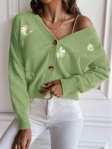 Women Green Daisy Embroidered V-Neck Knitted Cardigan Casual Sweater Outerwear