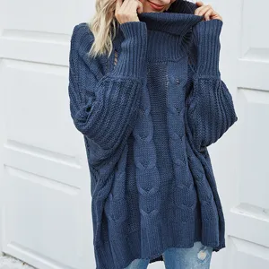 Women Navy Blue Cable Knit Turtleneck Sweater Loose Batwing Sleeve Winter Pullover Top