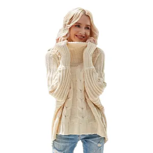 Women cable knit turtleneck sweater batwing sleeve loose casual pullover winter top
