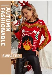 Maglione natalizio rosso da donna con design a caminetto festivo per l'inverno accogliente.