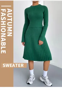 Green ribbed knit sweater and midi skirt two-piece set for women autumn casual wear.