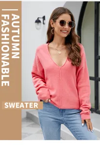 Herfst dames V-hals losse gebreide trui pullover, comfortabel, casual en stijlvolle dagelijkse.