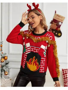 Maglione in maglia rosso di Natale da donna, simpatico motivo camino con dettagli di cervo festivi.