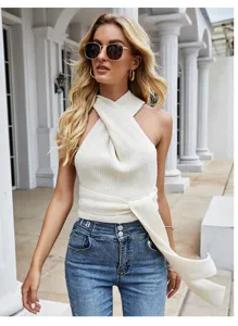Women sexy halter knit crop top with long tie back solid color sleeveless summer casual shirt