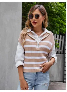 Chaleco suéter de punto a rayas con cremallera, top sin mangas casual para mujer otoño invierno