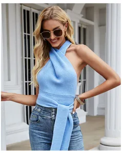 Women's blue halter knit crop top sexy backless sleeveless camisoles detail view.