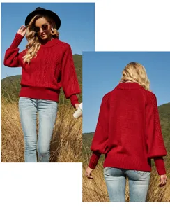 Dames rode lantaarnmouw opstaande kraag gebreide truien, casual losse trui voor herfst en winter.