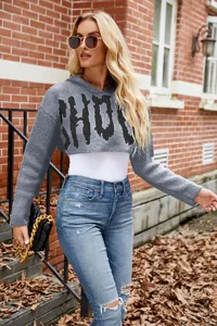 Casual grijze cropped trui met capuchon en letterjacquard voor dames met lange mouwen.