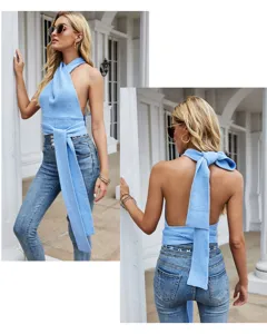 Detail view of the elegant blue halter knit backless top, showcasing stylish tie and back design.