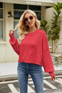 Women's casual loose short pullover sweater long sleeve crewneck knitwear autumn top
