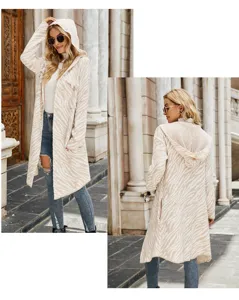 Details view showing the stylish hooded knitted cardigan with zebra pattern and long length.