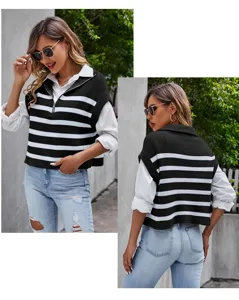 Vista detallada del chaleco de punto a rayas para mujer con elegante cuello de media cremallera.