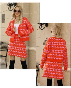 Femme Printemps Cardigan Tricoté Col V et Mini-Jupe Trapèze Ensemble Deux Pièces