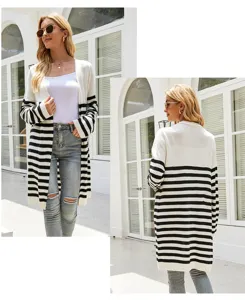 Détails du long cardigan en tricot rayé noir et blanc pour femmes, casual open cardigan.