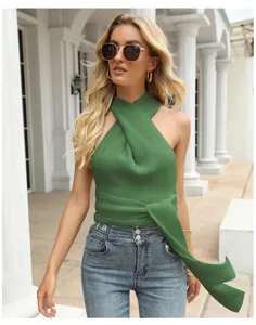 Women green halter knit top sexy backless solid color sleeveless crop tank top detail