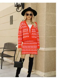 Ensemble Femme Printemps Cardigan Col V Tricot Jupe Trapere Rose Orange Jacquard Tenue