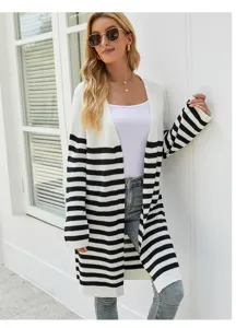 Cardigan en tricot rayé à manches longues, manteau ouvert décontracté pour femmes en détail.