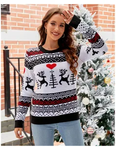 Weihnachten Damen Strickpullover Langarm Kasual Rentier Muster Winter Pullover Top