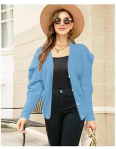 Cardigan soffice blu donna, maglione in maglia con scollo a V e maniche a palloncino, stile elegante.