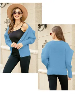 Cardigan in maglia soffice in tinta unita con maniche a sbuffo e scollo a V maglione invernale