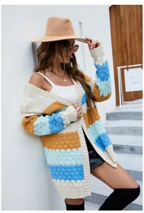 Damen Farbblock Strickjacke Pullover, lässiger, lockerer, mittellanger Cardigan Top.