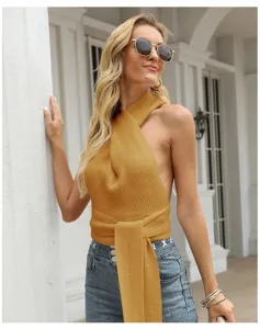 Women's sexy halter knit backless camisole top, solid color sleeveless summer knitwear.