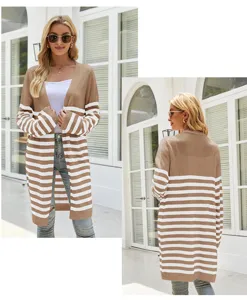 Vue détaillée de cardigan long en tricot rayé pour femmes, pull ouvert décontracté.