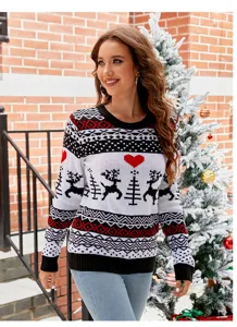 Damen Weihnachten Strickpullover Langarm Lässige Rentier Norweger Pullover Tops