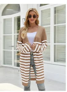 Vue détaillée du cardigan long en tricot à rayures marron et blanc pour femmes, style chic.