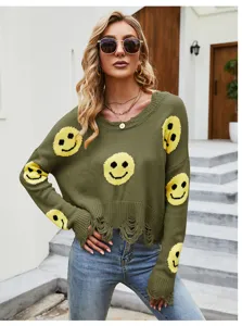 Maglione in maglia con scollo a V e simpatici volti sorridenti gialli, maniche lunghe.