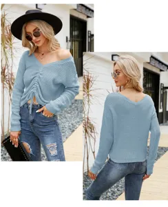 Mujer Cuello V Cordón Jersey de Punto Color Sólido Manga Larga Casual Pullover Top