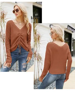 Jersey de punto liso elegante con cuello en V y cordón, parte superior casual de manga larga.