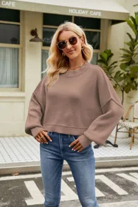 Women casual loose short pullover sweater crewneck long sleeve knit jumper for autumn winter