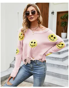 Maglione in maglia strappato stampato viso smiley carino da donna a manica lunga.