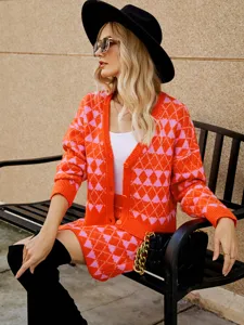 Cardigan en Tricot Mode pour Femme et Jupe Trapèze Argyle Jacquard Élégante Tenue Haut et Bas Manches Longues