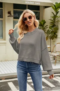 Casual solid color long sleeve crewneck knit sweater for women, loose cropped design.