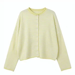 Women striped knitted cardigan loose crew neck single breasted long sleeve casual sweater