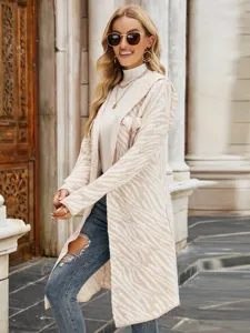 Women Long Hooded Cardigan Sweater Casual Striped Knitted Outerwear Autumn Winter