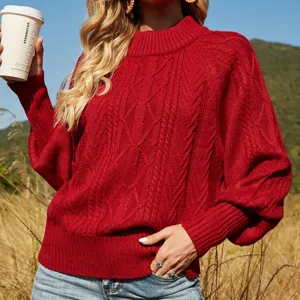 Damesmode Lantaarnmouwen Halfhoge Kraag Effen Kleur Gebreide Trui Losse Pullover Britse Stijl Acryl Forenzentop