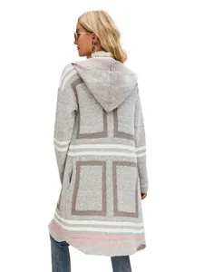 Women long hooded knit cardigan autumn winter casual striped sweater outerwear gray coat
