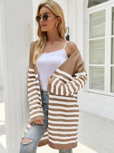 Cardigan en Tricot Rayé pour Femme Manteau Pull Long Décontracté Col en V Manches Longues Patchwork Automne Hiver