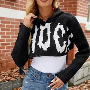 Dames Halloween Kort Gebreide Hoodie Sweater Casual Letter Jacquard Lange Mouw Pullover Herfst Winter Mode Gebreide Top