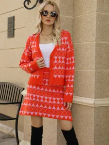 Ensemble deux pieces pull cardigan en maille et jupe motif argyle col V style printemps