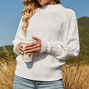 Vrouwen effenkleur opstaande kraag lantaarnmouw kabeltrui casual losse trui top