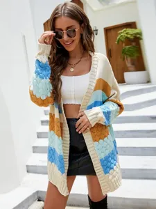 Lässige Damen Colorblock Strickjacke, lose Langarm Herbst-Cardigan mit offener Front.