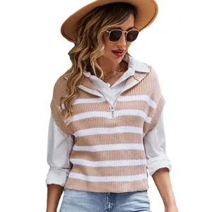 Chaleco de jersey de punto a rayas con media cremallera para mujer, parte superior.